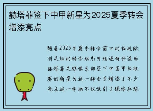 赫塔菲签下中甲新星为2025夏季转会增添亮点